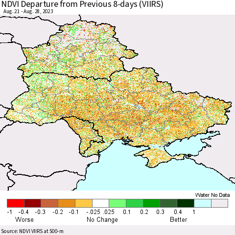 Ukraine, Moldova and Belarus NDVI Departure from Previous 8-days (VIIRS) Thematic Map For 8/21/2023 - 8/28/2023