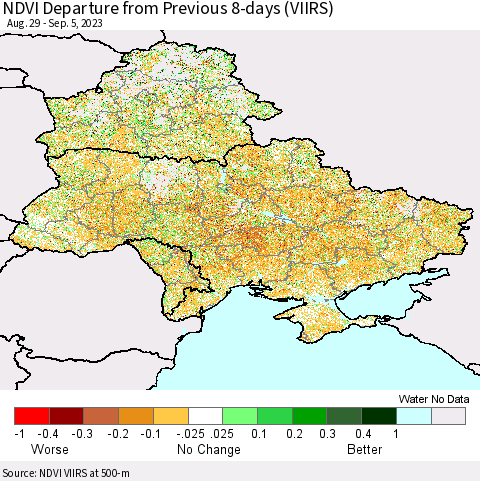 Ukraine, Moldova and Belarus NDVI Departure from Previous 8-days (VIIRS) Thematic Map For 8/29/2023 - 9/5/2023