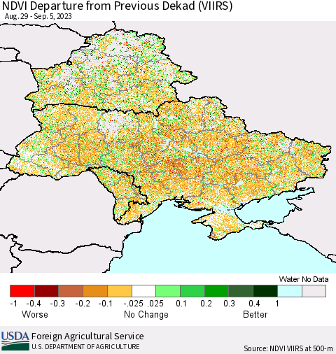 Ukraine, Moldova and Belarus NDVI Departure from Previous Dekad (VIIRS) Thematic Map For 9/1/2023 - 9/10/2023
