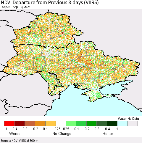 Ukraine, Moldova and Belarus NDVI Departure from Previous 8-days (VIIRS) Thematic Map For 9/6/2023 - 9/13/2023