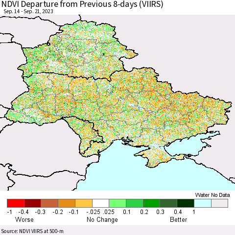 Ukraine, Moldova and Belarus NDVI Departure from Previous 8-days (VIIRS) Thematic Map For 9/14/2023 - 9/21/2023