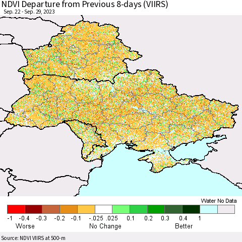 Ukraine, Moldova and Belarus NDVI Departure from Previous 8-days (VIIRS) Thematic Map For 9/22/2023 - 9/29/2023