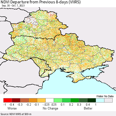 Ukraine, Moldova and Belarus NDVI Departure from Previous 8-days (VIIRS) Thematic Map For 9/30/2023 - 10/7/2023