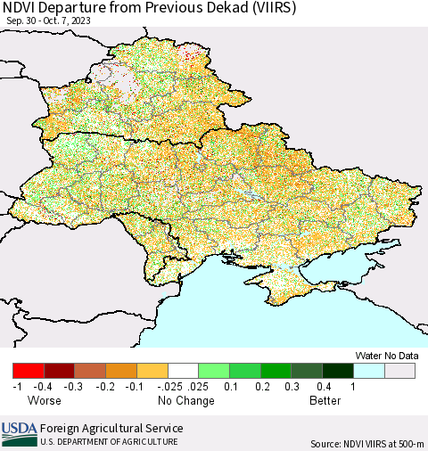 Ukraine, Moldova and Belarus NDVI Departure from Previous Dekad (VIIRS) Thematic Map For 10/1/2023 - 10/10/2023
