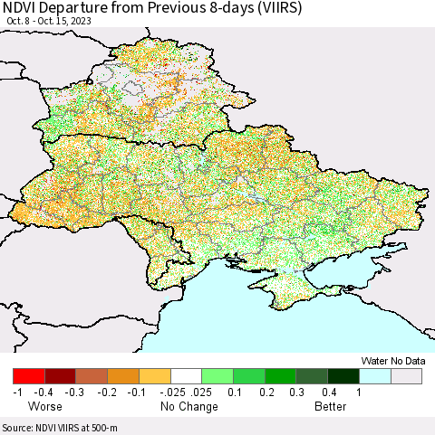 Ukraine, Moldova and Belarus NDVI Departure from Previous 8-days (VIIRS) Thematic Map For 10/8/2023 - 10/15/2023