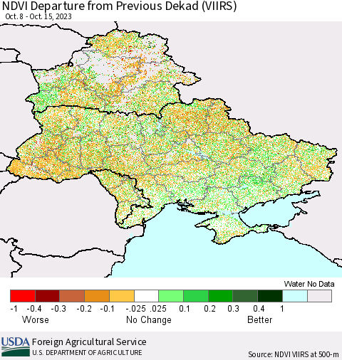 Ukraine, Moldova and Belarus NDVI Departure from Previous Dekad (VIIRS) Thematic Map For 10/11/2023 - 10/20/2023