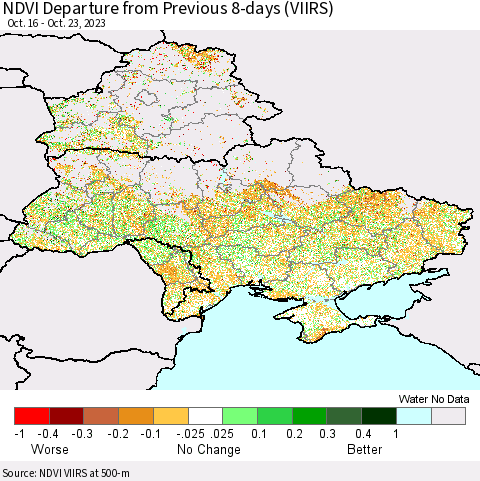 Ukraine, Moldova and Belarus NDVI Departure from Previous 8-days (VIIRS) Thematic Map For 10/16/2023 - 10/23/2023
