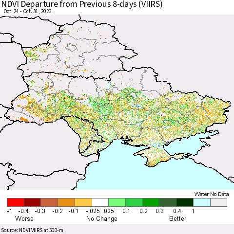 Ukraine, Moldova and Belarus NDVI Departure from Previous 8-days (VIIRS) Thematic Map For 10/24/2023 - 10/31/2023
