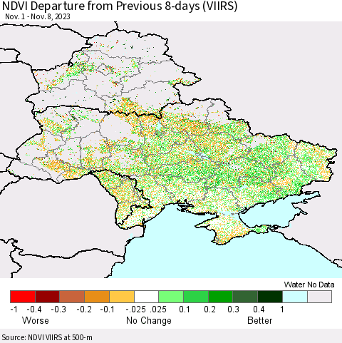 Ukraine, Moldova and Belarus NDVI Departure from Previous 8-days (VIIRS) Thematic Map For 11/1/2023 - 11/8/2023