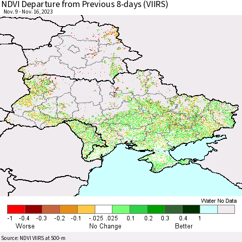 Ukraine, Moldova and Belarus NDVI Departure from Previous 8-days (VIIRS) Thematic Map For 11/9/2023 - 11/16/2023