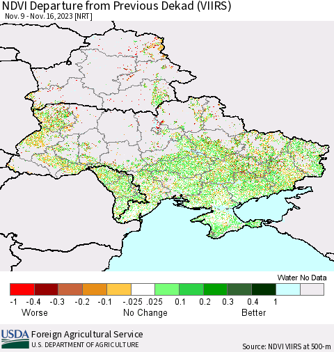 Ukraine, Moldova and Belarus NDVI Departure from Previous Dekad (VIIRS) Thematic Map For 11/11/2023 - 11/20/2023