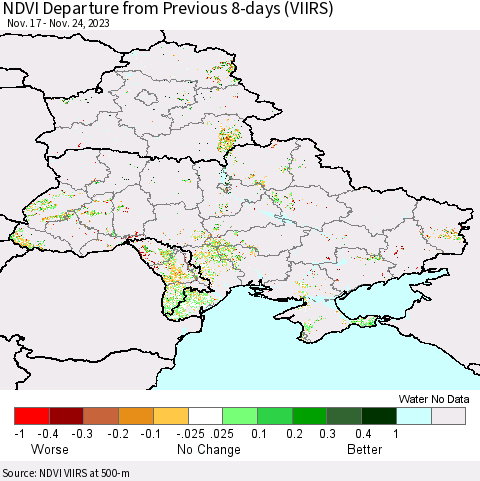 Ukraine, Moldova and Belarus NDVI Departure from Previous 8-days (VIIRS) Thematic Map For 11/17/2023 - 11/24/2023