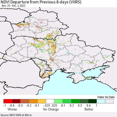 Ukraine, Moldova and Belarus NDVI Departure from Previous 8-days (VIIRS) Thematic Map For 11/25/2023 - 12/2/2023