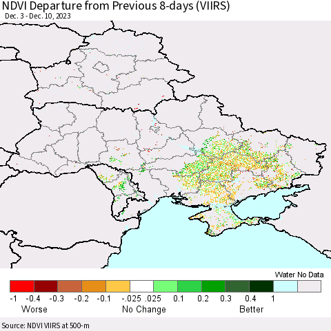 Ukraine, Moldova and Belarus NDVI Departure from Previous Dekad (VIIRS) Thematic Map For 12/1/2023 - 12/10/2023