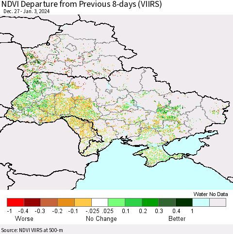 Ukraine, Moldova and Belarus NDVI Departure from Previous 8-days (VIIRS) Thematic Map For 12/27/2023 - 1/3/2024