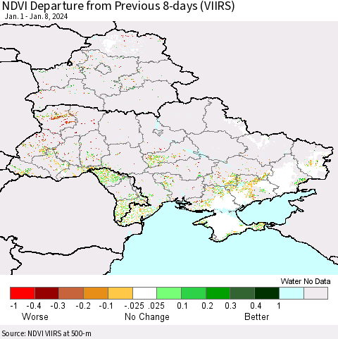 Ukraine, Moldova and Belarus NDVI Departure from Previous 8-days (VIIRS) Thematic Map For 1/1/2024 - 1/8/2024