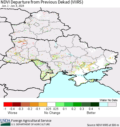 Ukraine, Moldova and Belarus NDVI Departure from Previous Dekad (VIIRS) Thematic Map For 1/1/2024 - 1/10/2024