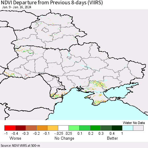 Ukraine, Moldova and Belarus NDVI Departure from Previous 8-days (VIIRS) Thematic Map For 1/9/2024 - 1/16/2024