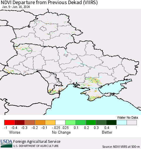 Ukraine, Moldova and Belarus NDVI Departure from Previous Dekad (VIIRS) Thematic Map For 1/11/2024 - 1/20/2024