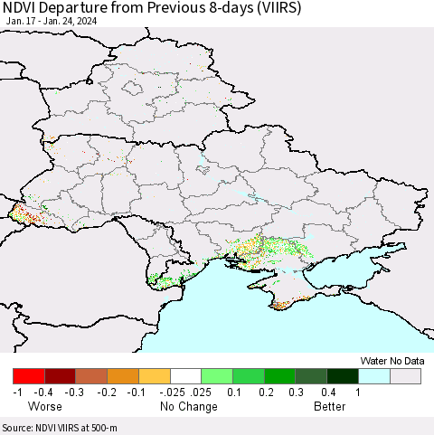 Ukraine, Moldova and Belarus NDVI Departure from Previous 8-days (VIIRS) Thematic Map For 1/17/2024 - 1/24/2024