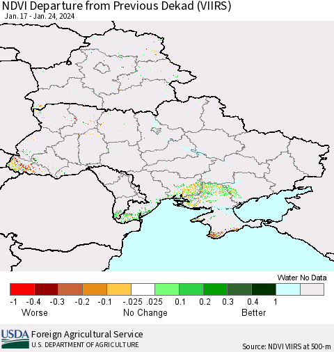Ukraine, Moldova and Belarus NDVI Departure from Previous Dekad (VIIRS) Thematic Map For 1/21/2024 - 1/31/2024