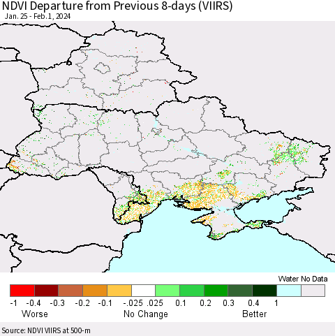 Ukraine, Moldova and Belarus NDVI Departure from Previous 8-days (VIIRS) Thematic Map For 1/25/2024 - 2/1/2024