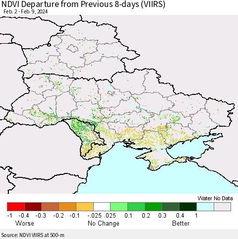 Ukraine, Moldova and Belarus NDVI Departure from Previous 8-days (VIIRS) Thematic Map For 2/2/2024 - 2/9/2024