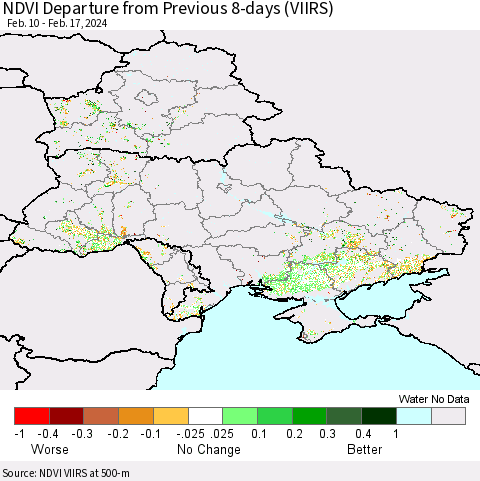 Ukraine, Moldova and Belarus NDVI Departure from Previous 8-days (VIIRS) Thematic Map For 2/10/2024 - 2/17/2024