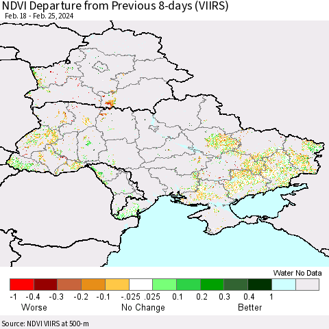 Ukraine, Moldova and Belarus NDVI Departure from Previous 8-days (VIIRS) Thematic Map For 2/18/2024 - 2/25/2024