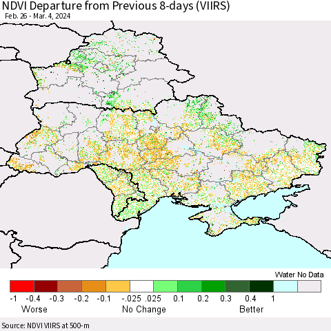 Ukraine, Moldova and Belarus NDVI Departure from Previous 8-days (VIIRS) Thematic Map For 2/26/2024 - 3/4/2024