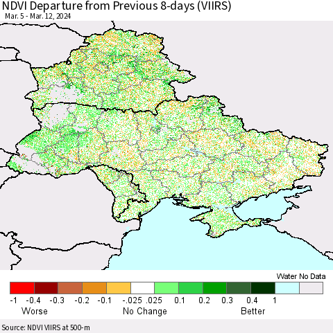 Ukraine, Moldova and Belarus NDVI Departure from Previous 8-days (VIIRS) Thematic Map For 3/5/2024 - 3/12/2024