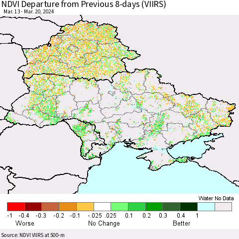 Ukraine, Moldova and Belarus NDVI Departure from Previous 8-days (VIIRS) Thematic Map For 3/13/2024 - 3/20/2024
