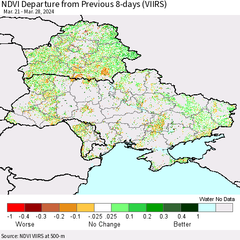 Ukraine, Moldova and Belarus NDVI Departure from Previous 8-days (VIIRS) Thematic Map For 3/21/2024 - 3/28/2024