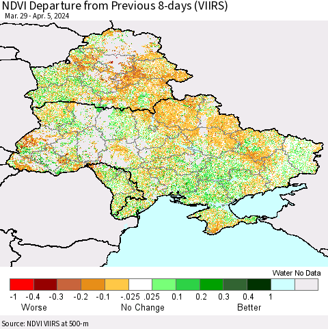 Ukraine, Moldova and Belarus NDVI Departure from Previous 8-days (VIIRS) Thematic Map For 3/29/2024 - 4/5/2024