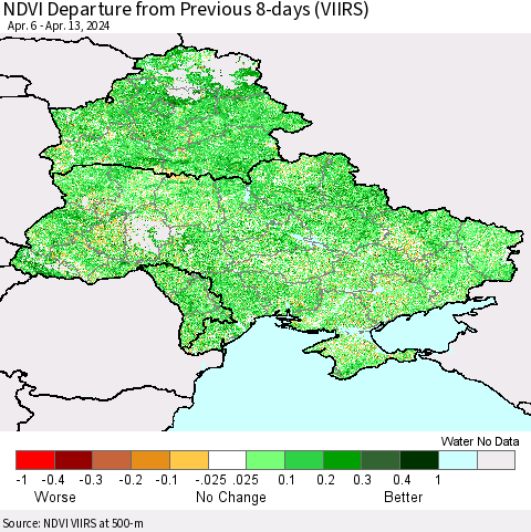 Ukraine, Moldova and Belarus NDVI Departure from Previous 8-days (VIIRS) Thematic Map For 4/6/2024 - 4/13/2024