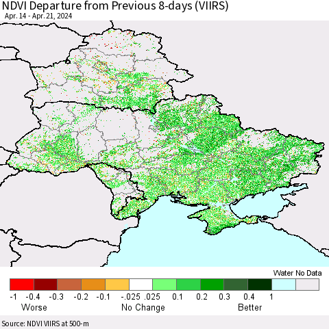 Ukraine, Moldova and Belarus NDVI Departure from Previous 8-days (VIIRS) Thematic Map For 4/14/2024 - 4/21/2024