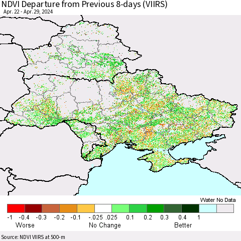 Ukraine, Moldova and Belarus NDVI Departure from Previous 8-days (VIIRS) Thematic Map For 4/22/2024 - 4/29/2024