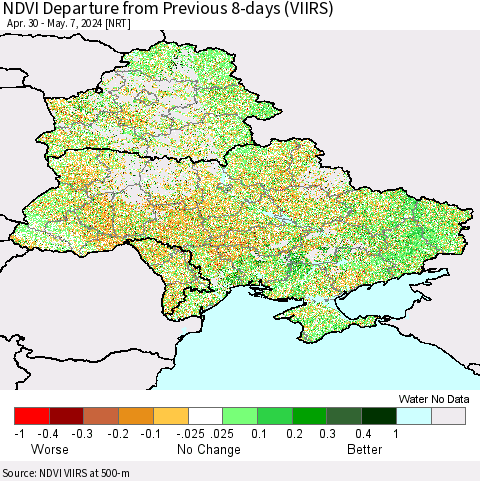 Ukraine, Moldova and Belarus NDVI Departure from Previous 8-days (VIIRS) Thematic Map For 4/30/2024 - 5/7/2024
