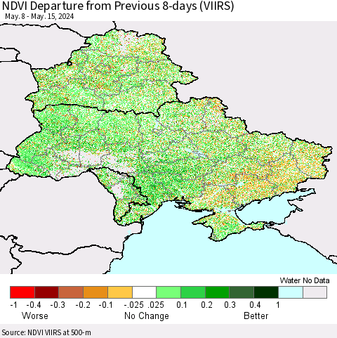 Ukraine, Moldova and Belarus NDVI Departure from Previous 8-days (VIIRS) Thematic Map For 5/8/2024 - 5/15/2024