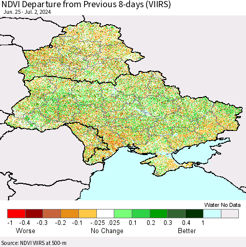 Ukraine, Moldova and Belarus NDVI Departure from Previous 8-days (VIIRS) Thematic Map For 6/25/2024 - 7/2/2024