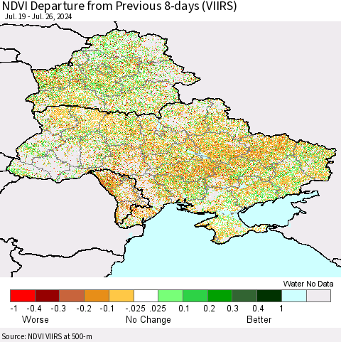 Ukraine, Moldova and Belarus NDVI Departure from Previous 8-days (VIIRS) Thematic Map For 7/19/2024 - 7/26/2024