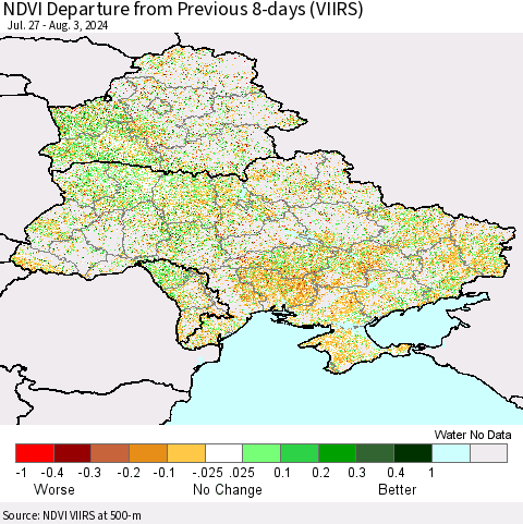 Ukraine, Moldova and Belarus NDVI Departure from Previous 8-days (VIIRS) Thematic Map For 7/27/2024 - 8/3/2024