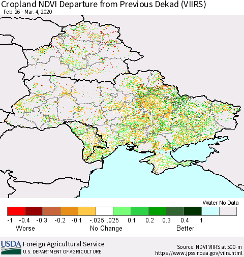 Ukraine, Moldova and Belarus Cropland NDVI Departure from Previous Dekad (VIIRS) Thematic Map For 3/1/2020 - 3/10/2020