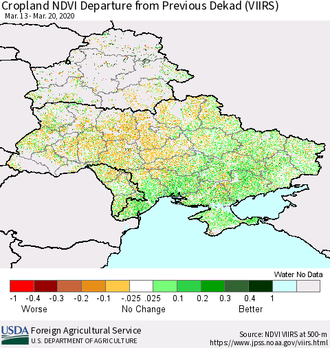 Ukraine, Moldova and Belarus Cropland NDVI Departure from Previous Dekad (VIIRS) Thematic Map For 3/11/2020 - 3/20/2020