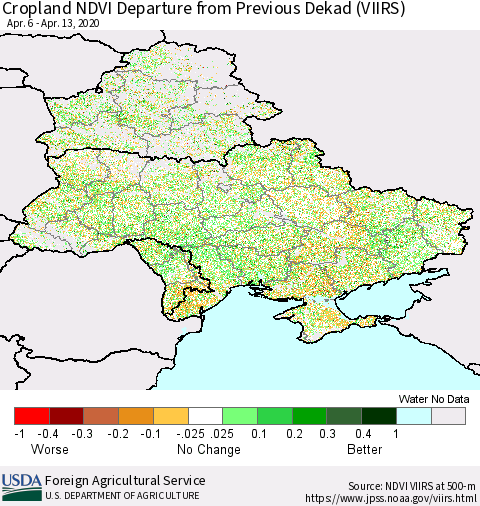 Ukraine, Moldova and Belarus Cropland NDVI Departure from Previous Dekad (VIIRS) Thematic Map For 4/11/2020 - 4/20/2020