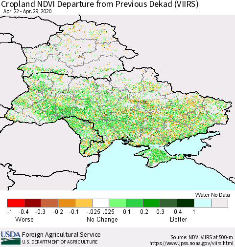 Ukraine, Moldova and Belarus Cropland NDVI Departure from Previous Dekad (VIIRS) Thematic Map For 4/21/2020 - 4/30/2020