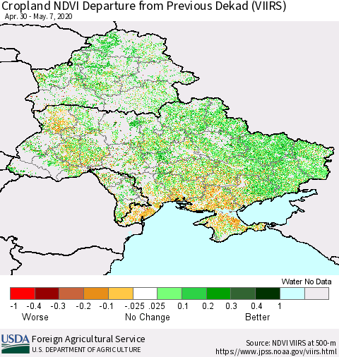Ukraine, Moldova and Belarus Cropland NDVI Departure from Previous Dekad (VIIRS) Thematic Map For 5/1/2020 - 5/10/2020