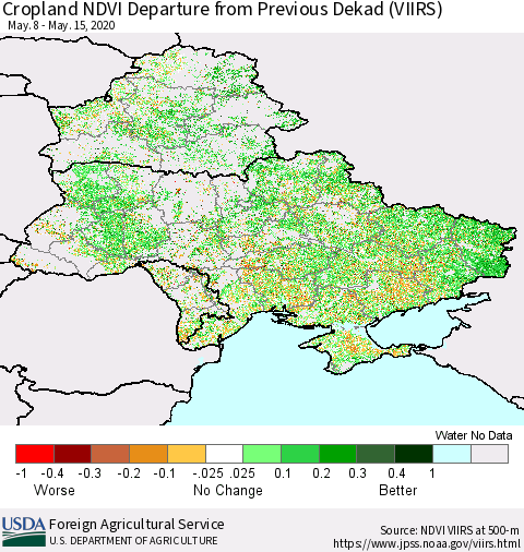 Ukraine, Moldova and Belarus Cropland NDVI Departure from Previous Dekad (VIIRS) Thematic Map For 5/11/2020 - 5/20/2020