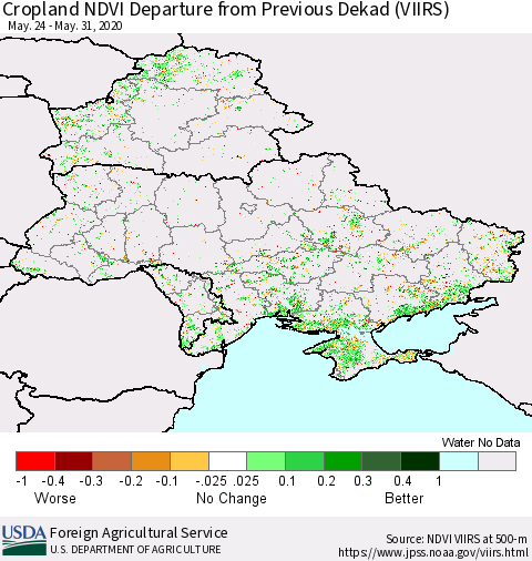 Ukraine, Moldova and Belarus Cropland NDVI Departure from Previous Dekad (VIIRS) Thematic Map For 5/21/2020 - 5/31/2020