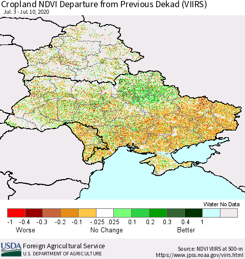 Ukraine, Moldova and Belarus Cropland NDVI Departure from Previous Dekad (VIIRS) Thematic Map For 7/1/2020 - 7/10/2020